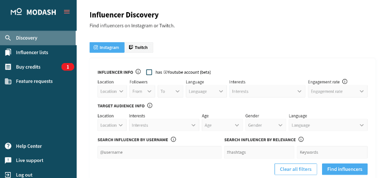 Tableau de bord Modash Influencer Discovery.