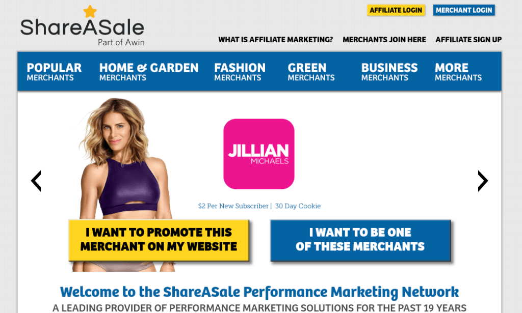 The homepage of the ShareASale website.