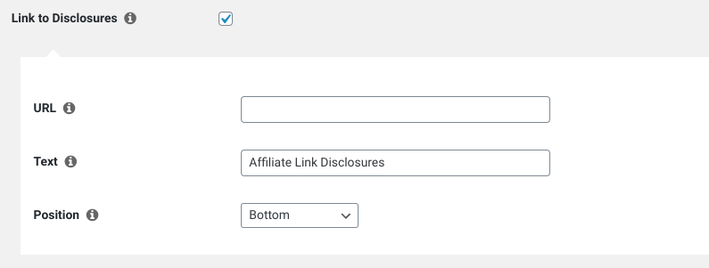 Pretty Links settings for link disclosures in WordPress.