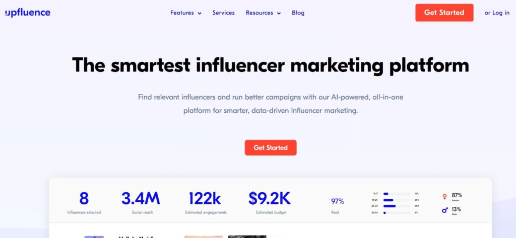 The homepage of the influencer research tool Upfluence.