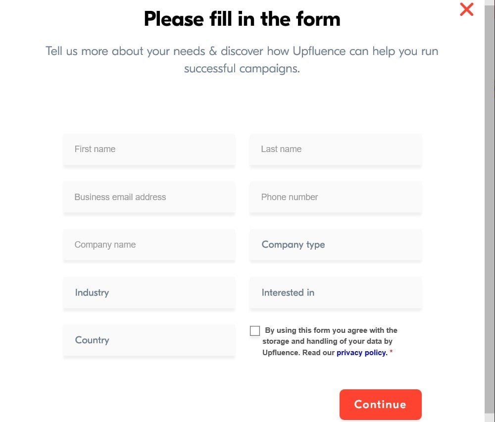 The submission form used by Upfluence.