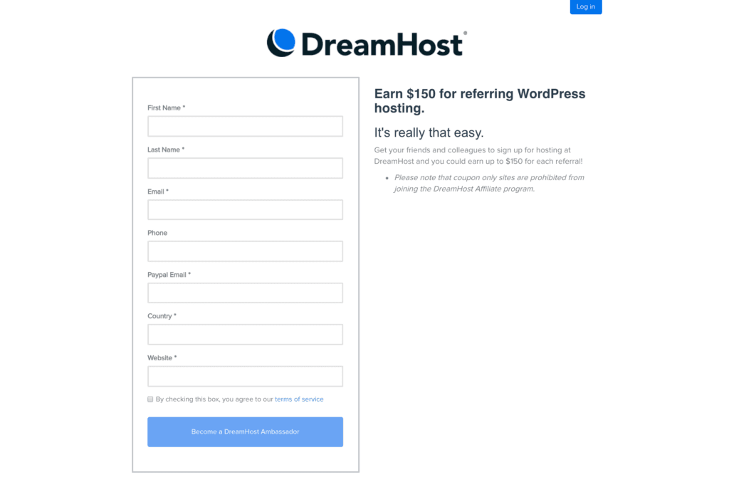 Um formulário de inscrição de afiliado vertical para a DreamHost.