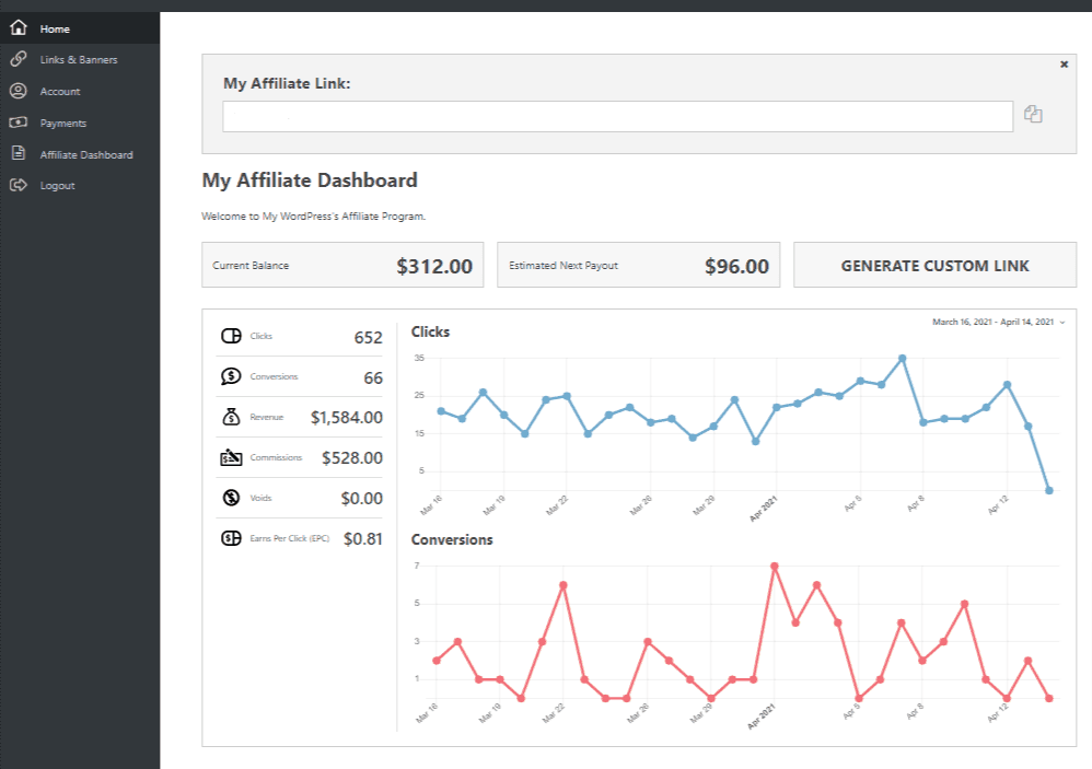 Vue du tableau de bord de l'affilié Easy Affiliate