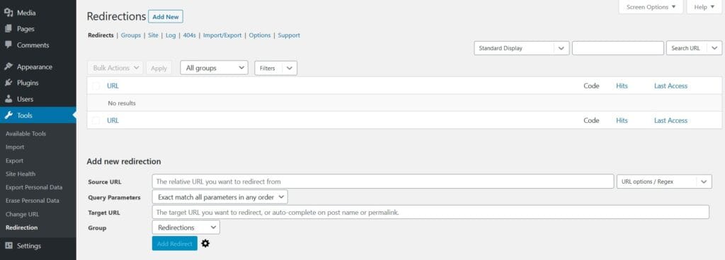 El plugin Redirection en el backend de WordPress.