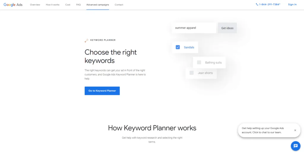 google keyword planner homepage