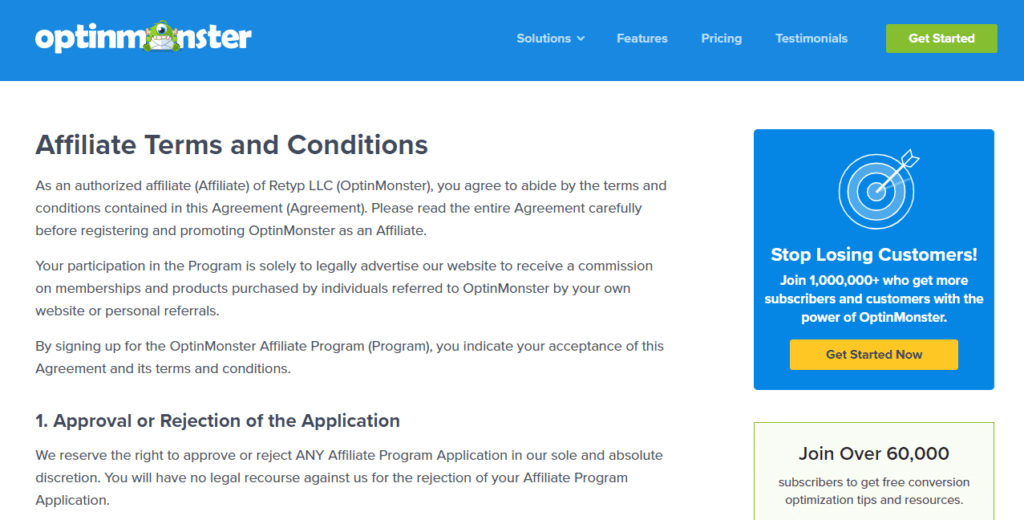 An affiliate program's terms and conditions.