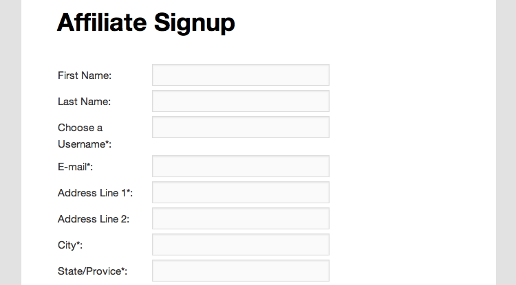 Um exemplo de um formulário de inscrição de afiliado.