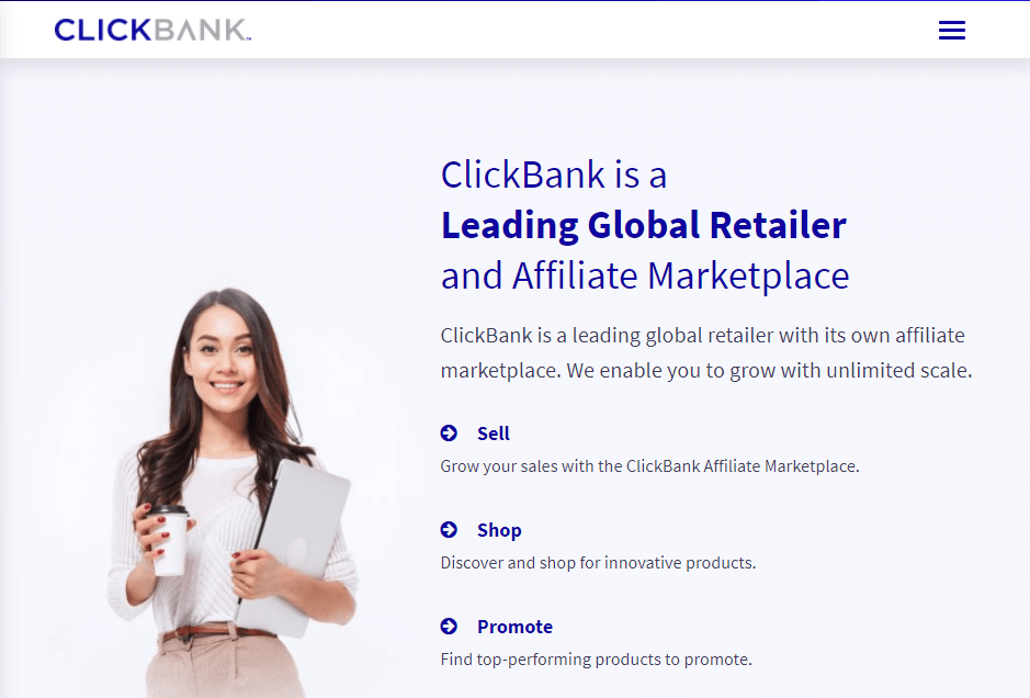 The Clickbank homepage.