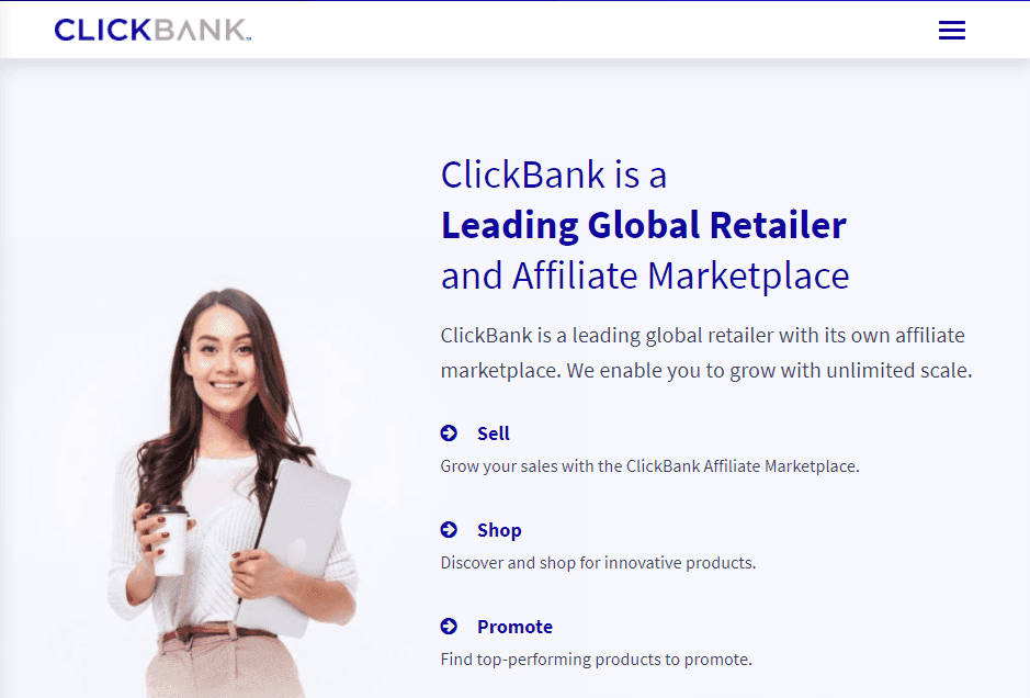 The Clickbank homepage.