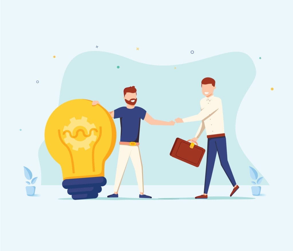 man holding a huge light bulb and shaking hands with a businessman with briefcase | Easy Affiliate how to partner with affiliate publishers successfully