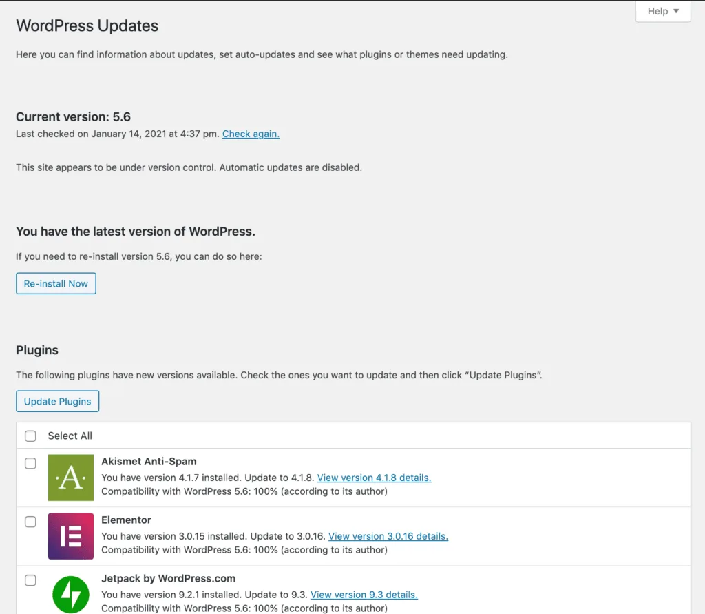 wordpress-updates | Easy Affiliate A tela Atualizações do WordPress.