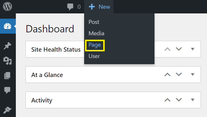 The WordPress dashboard with the option to create a new page highlighted.