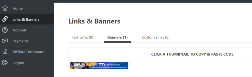 Easy Affiliate Affiliate Dashboard links and banners