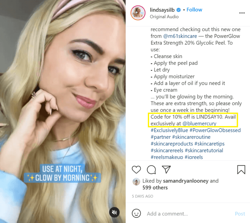 An example of an Instagram affiliate promoting a unqiue tracking code. 