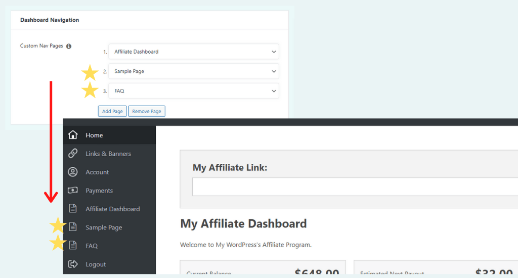 Adding Navigation Pages to Affiliate Dashboard 