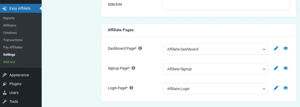 Easy Affiliate affiliate pages