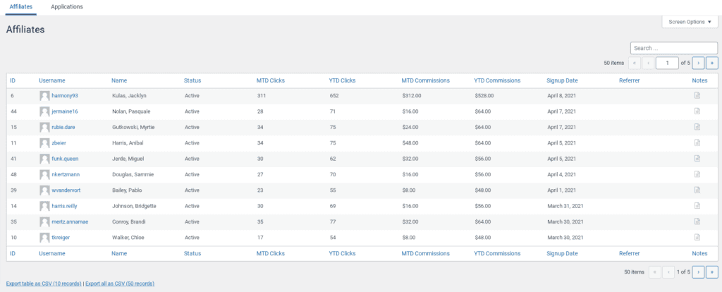 Lista de afiliados da Easy Affiliate