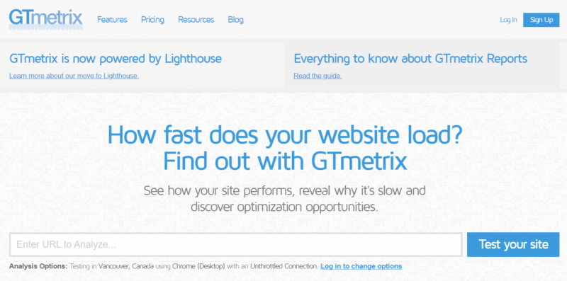The home page for GTmetrix, a speed testing tool.