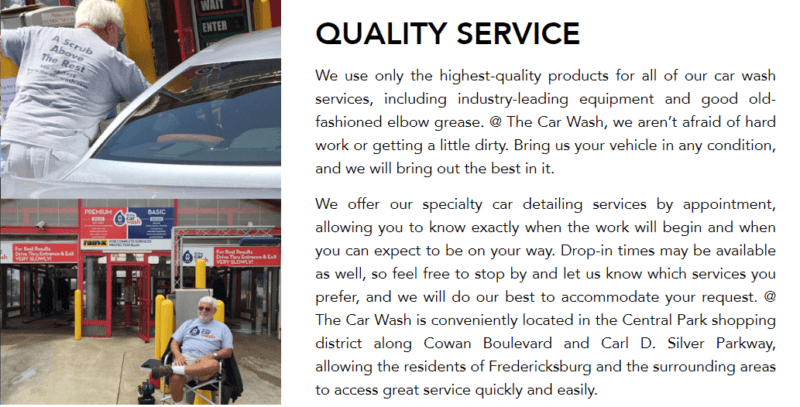 A Services page with photos of a car wash and advertising copy that states the employees aren't afraid of "getting a little dirty".  