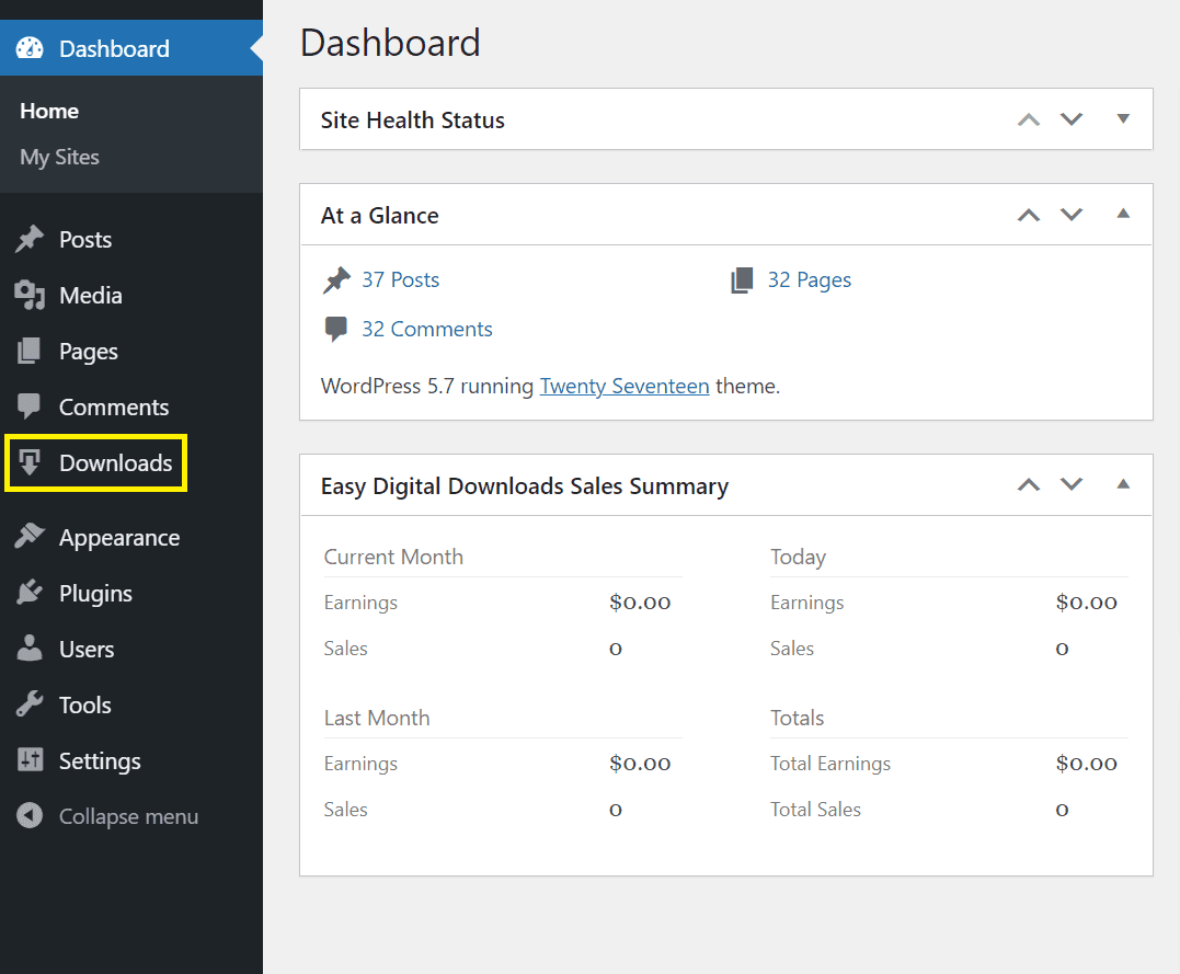 L'écran Téléchargements dans Easy Digital Downloads.