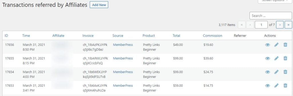 Easy Affiliate Transactions page