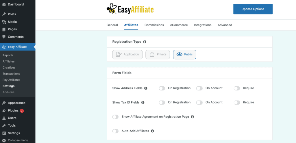 As configurações do Easy Affiliate.