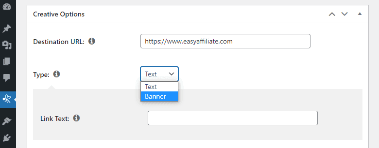 Configurar la URL de destino y el tipo de creatividad para un banner de Easy Affiliate.