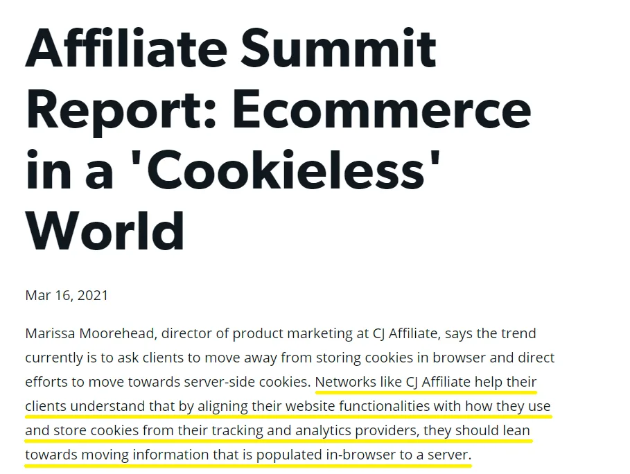 CJ Affiliate Announcement | Easy Affiliate An image of a press release covering how CJ has prepared for the cookieless future of ecommerce.
