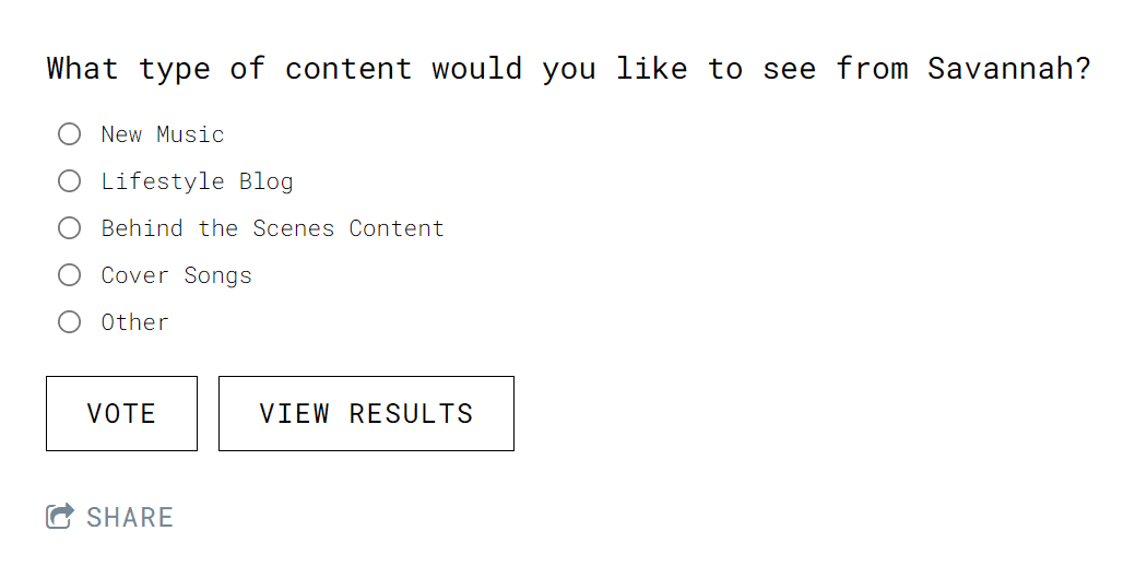 Uma pesquisa de amostra perguntando que tipo de conteúdo o público gostaria de ver. 