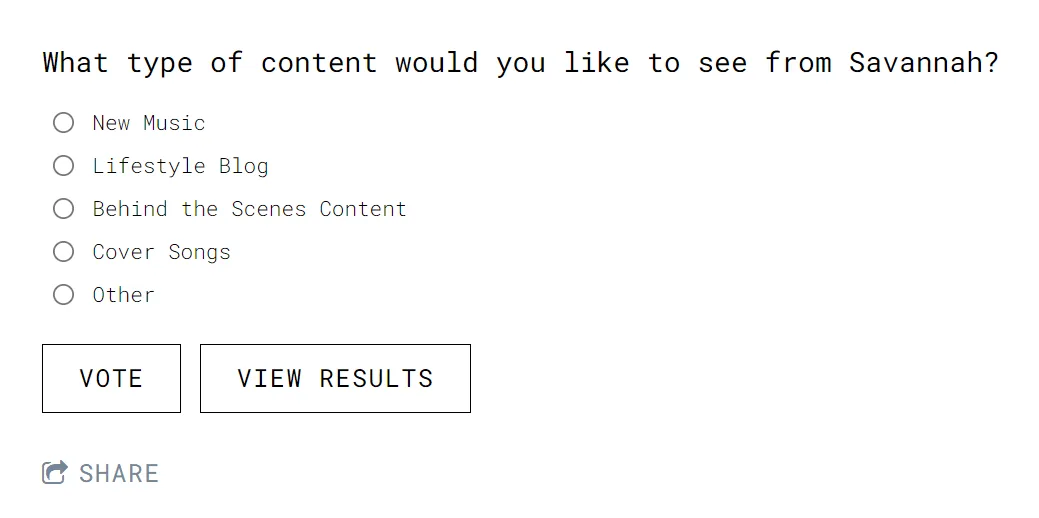 Sample Audience Content Poll | Easy Affiliate A sample poll asking what kind of content the audience would like to see.