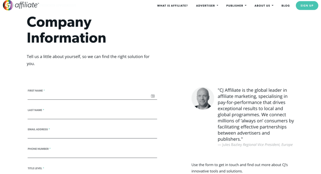 The CJ Affiliate pricing form. 