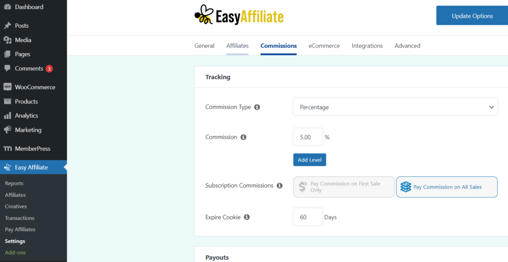 The commissions section of the Easy Affiliate plugin 