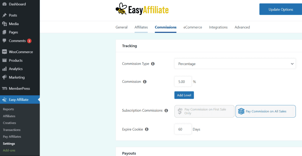 A seção de comissões do plug-in Easy Affiliate 