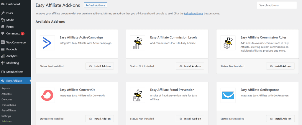 Easy Affiliate add-ons on WordPress