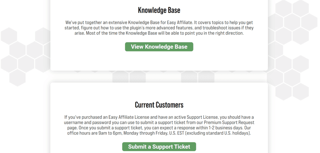 La página de soporte de Easy Affiliate