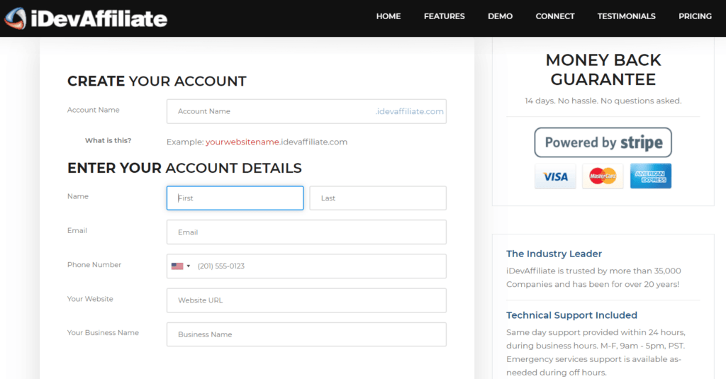 The iDevAffiliate signup page