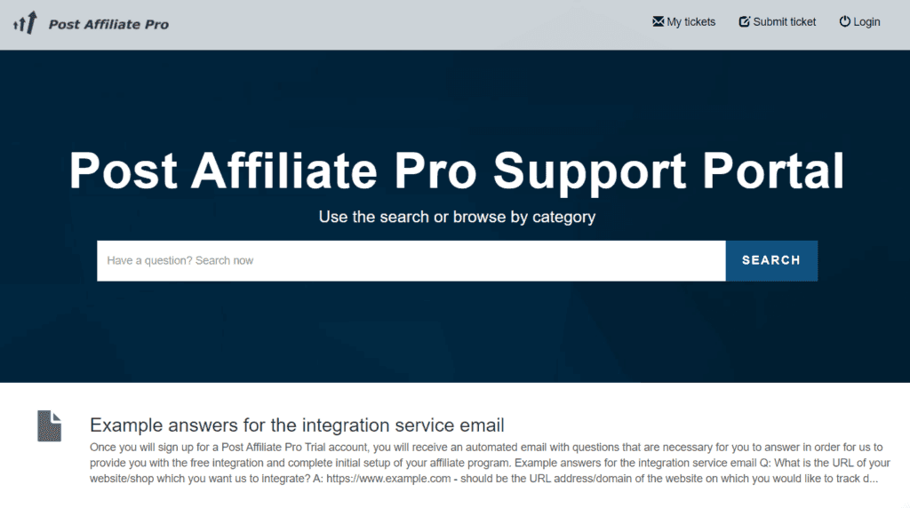 La página de soporte de Post Affiliate Pro