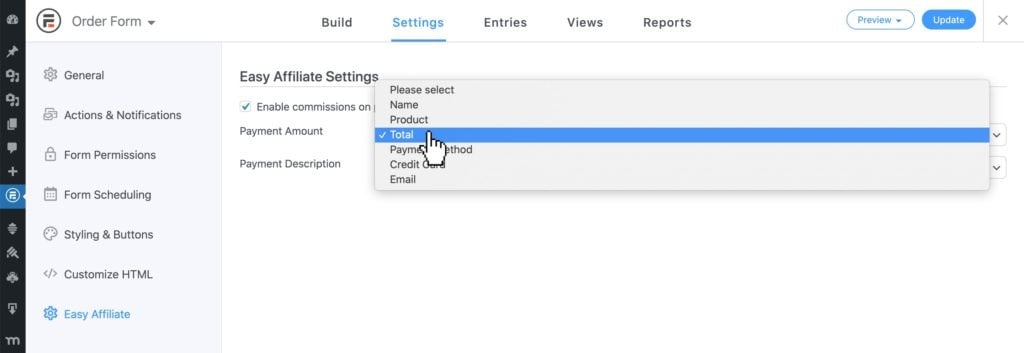 Set payment amount in Formidable Forms form settings 