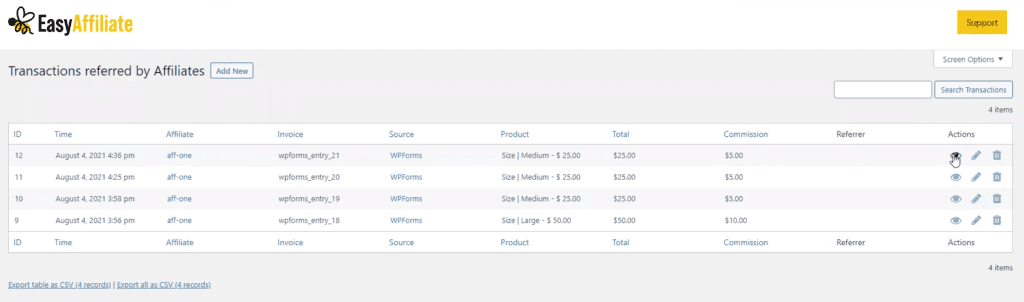 Transactions WPForms enregistrées dans le tableau de bord Easy Affiliate 