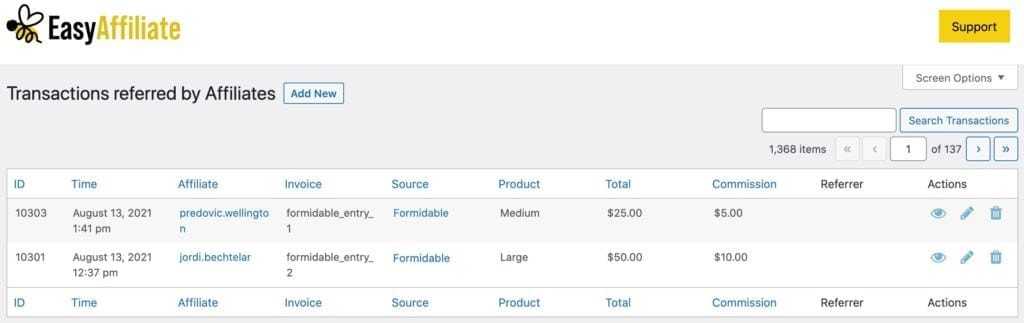 Pagamentos do Formidable Forms registrados em Transações Easy Affiliate 