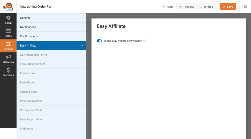 Enable Easy Affiliate within the WPForms form builder 