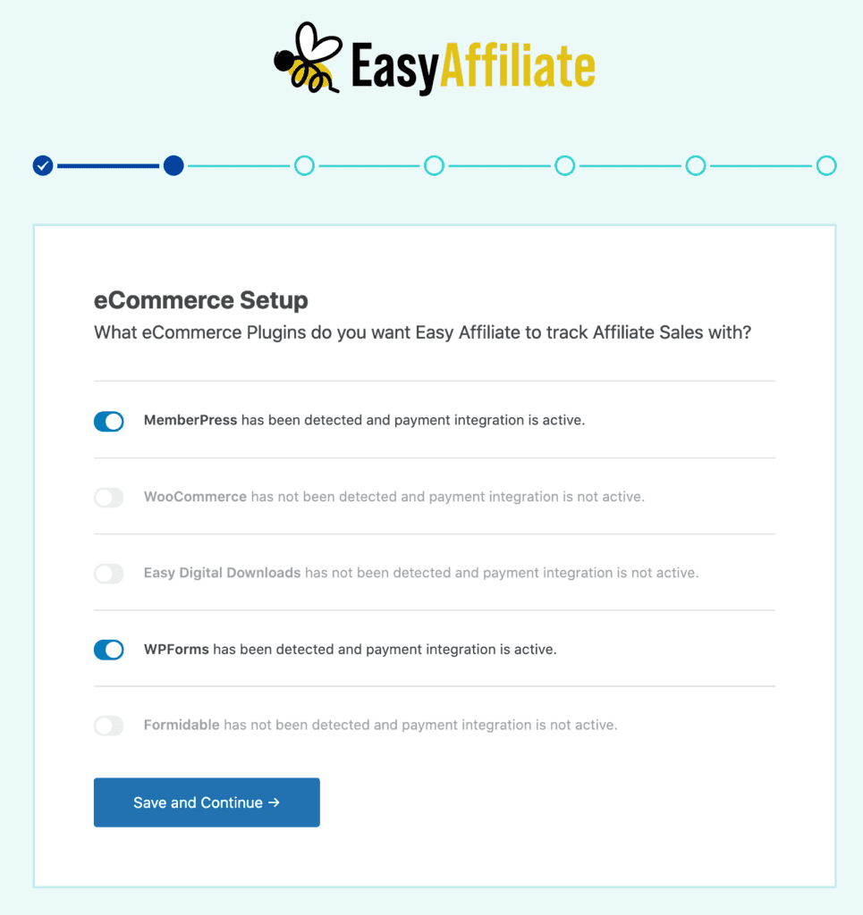 O Easy Affiliate Setup Wizard detecta automaticamente o WPForms 