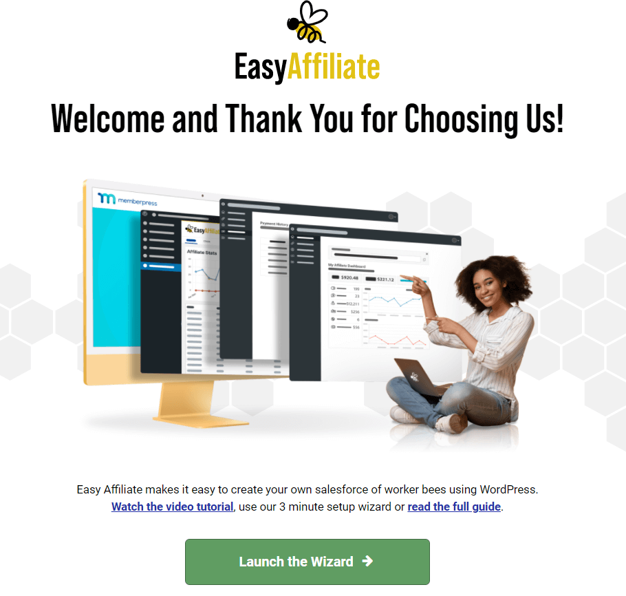 Un écran de bienvenue dans WordPress invitant l'utilisateur à lancer l'assistant d'installation du Easy Affiliate.