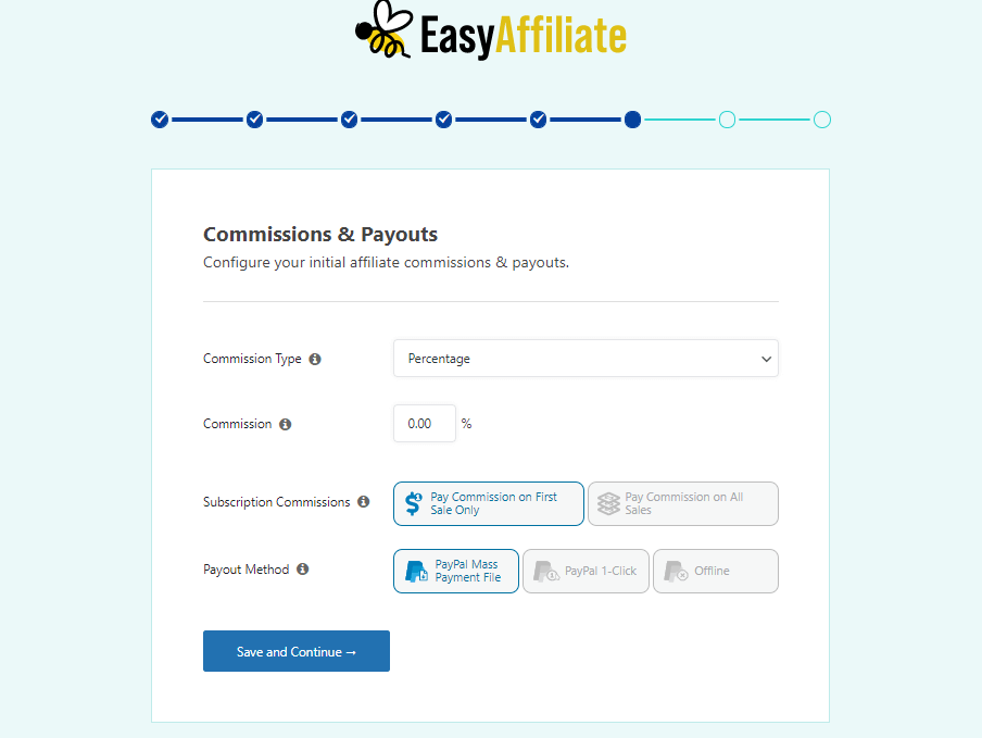 Paso 6 del asistente de configuración de Easy Affiliate (pantalla de configuración de comisiones y pagos)