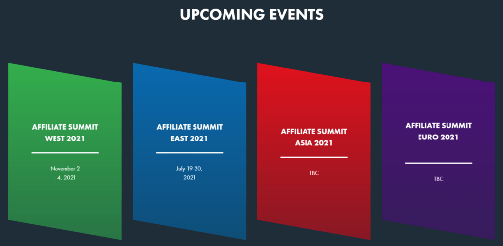 Kommende Veranstaltungen der Affiliate Summit Konferenz. 