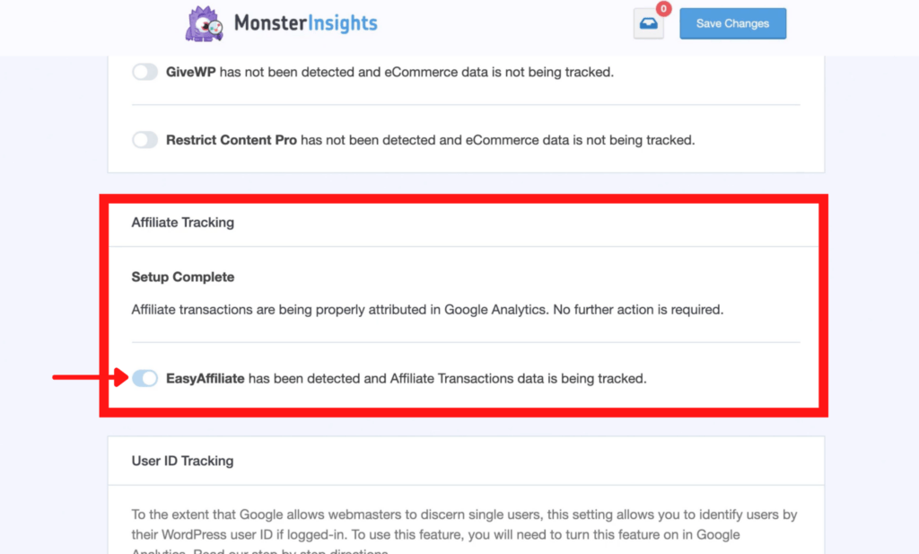 MonsterInsights registers Easy Affiliate users and will automatically begin tracking affiliate IDs 