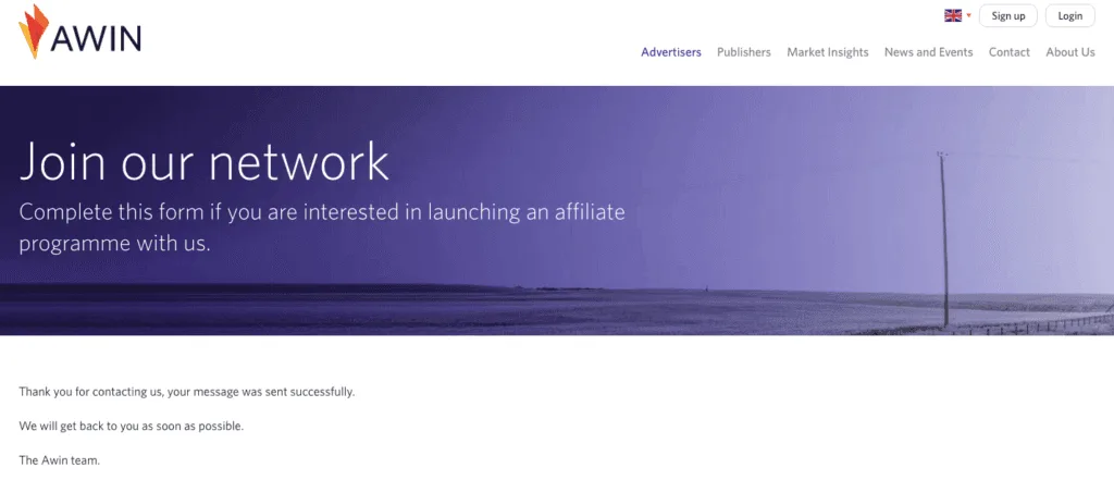 AWIN-join-our-network | Easy Affiliate AWIN application confirmation page.