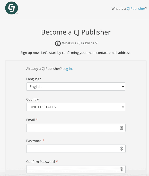 CJ Affiliate sign up page.