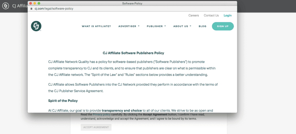 CJ Affiliate agreements page.