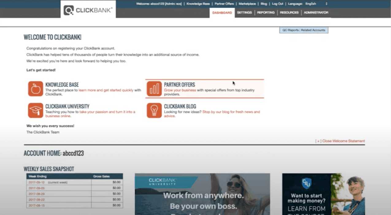 Le tableau de bord de ClickBank utilise des couleurs grises, turquoise foncé et orange. Il offre un aperçu des ventes hebdomadaires et permet d'accéder à des pages importantes telles que les paramètres, les rapports, les ressources et l'administration.